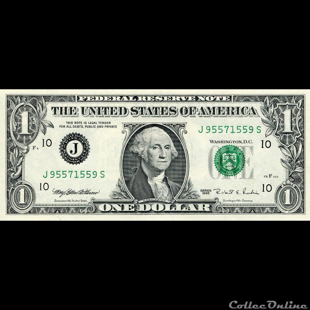 J- 1$ Federal Reserve Notes - Small Size 1995 Series billet amerique du nord etat uni j 1 federal reserve notes small size 1995 series