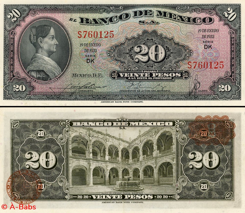 MEXIQUE - PICK 054b - 20 PESOS - 1953 billets amerique du nord mexique pick 054b 20 pesos 1953