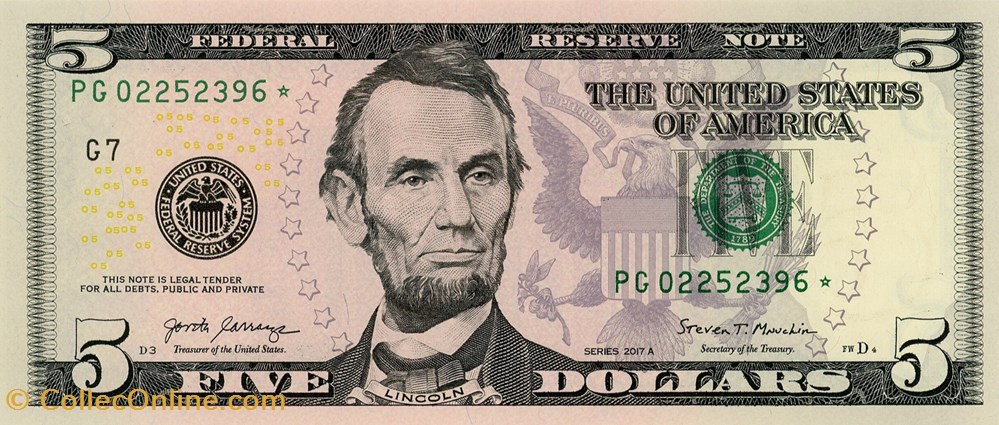5$ Federal Reserve Notes - Small Size 2017ASeries billet amerique du nord etat uni 5 federal reserve notes small size 2017aseries
