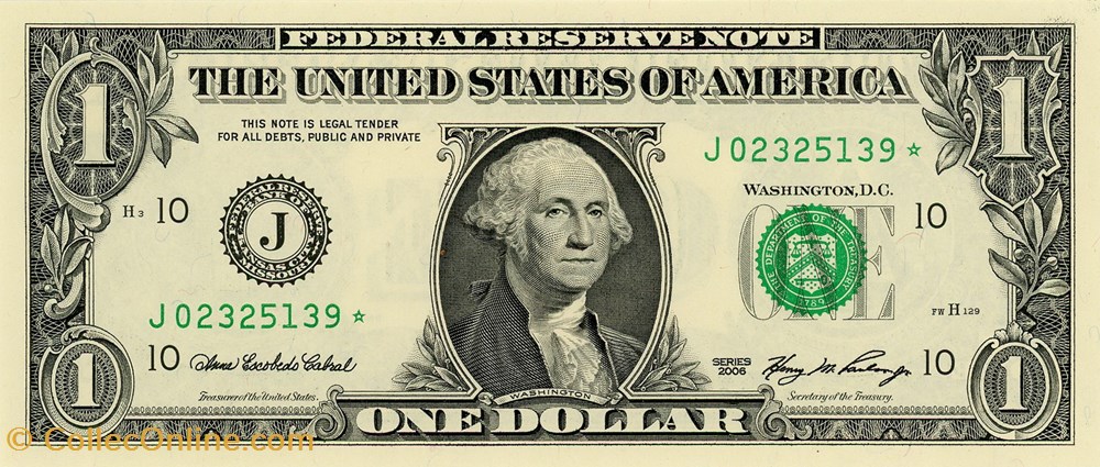 J- 1$ Federal Reserve Notes - Small Size 2006 Series billet amerique du nord etat uni j 1 federal reserve notes small size 2006 series