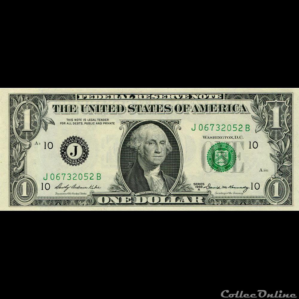J- 1$ Federal Reserve Notes - Small Size 1969A Series billet amerique du nord etat uni j 1 federal reserve notes small size 1969a series