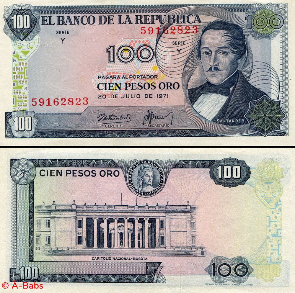 COLOMBIE - PICK 410 c2 - 100 PESOS DE ORO COLOMBIEN - 1971 billets amerique du sud colombie pick 410 c2 100 pesos de oro colombien 1971
