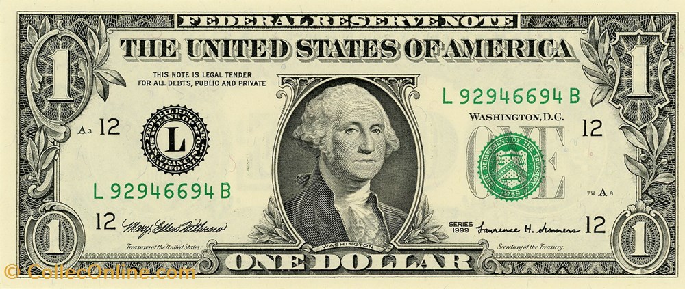 L- 1$ Federal Reserve Notes - Small Size 1999 Series billets amerique du nord etats unis l 1 federal reserve notes small size 1999 series