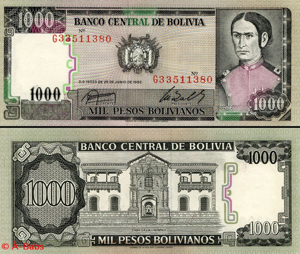 billets amerique du sud bolivie pick 167 a 1 1000 pesos bolivianos 1982