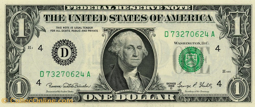 D- 1$ Federal Reserve Notes - Small Size 1969D Series billets amerique du nord etats unis d 1 federal reserve notes small size 1969d series