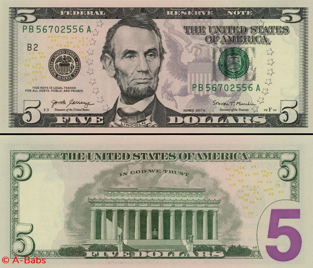 5$ Federal Reserve Notes - Small Size 2017ASeries billets amerique du nord etats unis 5 federal reserve notes small size 2017aseries