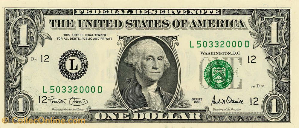 L- 1$ Federal Reserve Notes - Small Size 2001 Series billets amerique du nord etats unis l 1 federal reserve notes small size 2001 series