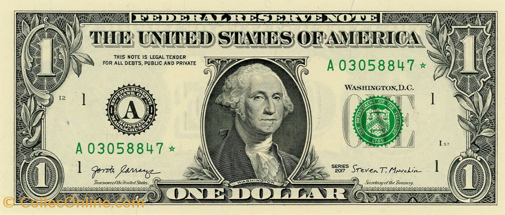 A- 1$ Federal Reserve Notes - Small Size 2017 Series billets amerique du nord etats unis a 1 federal reserve notes small size 2017 series