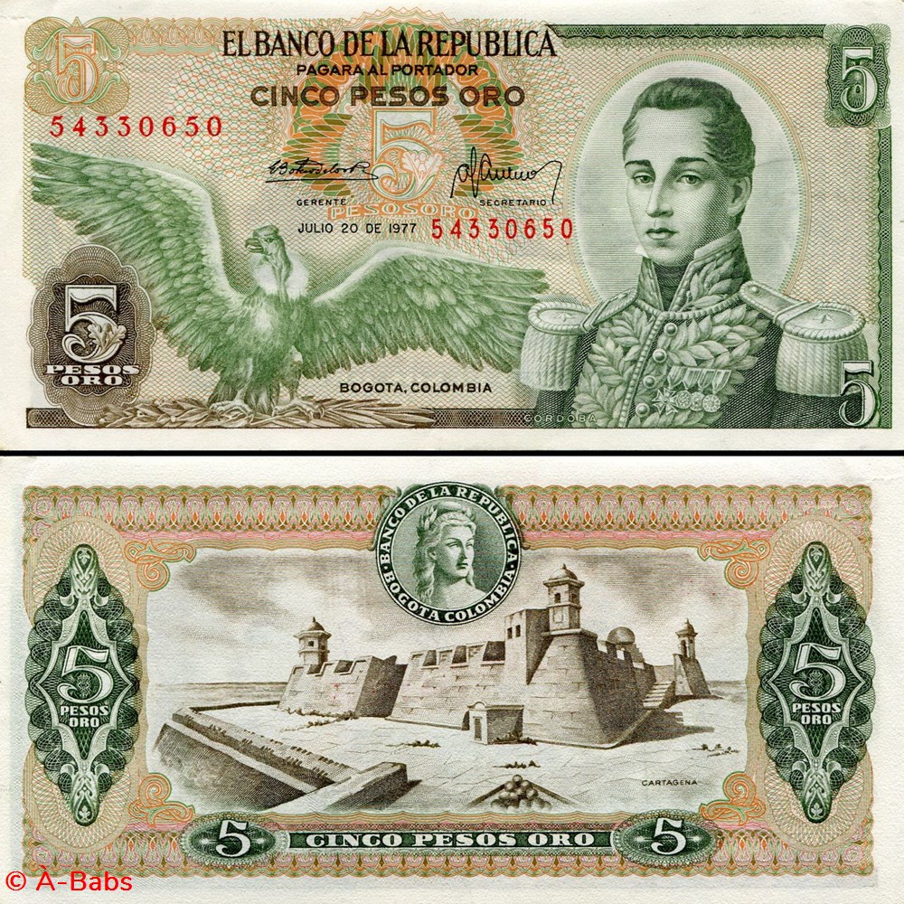 billets amerique du sud colombie pick 406 e 5 5 pesos de oro colombien 1977