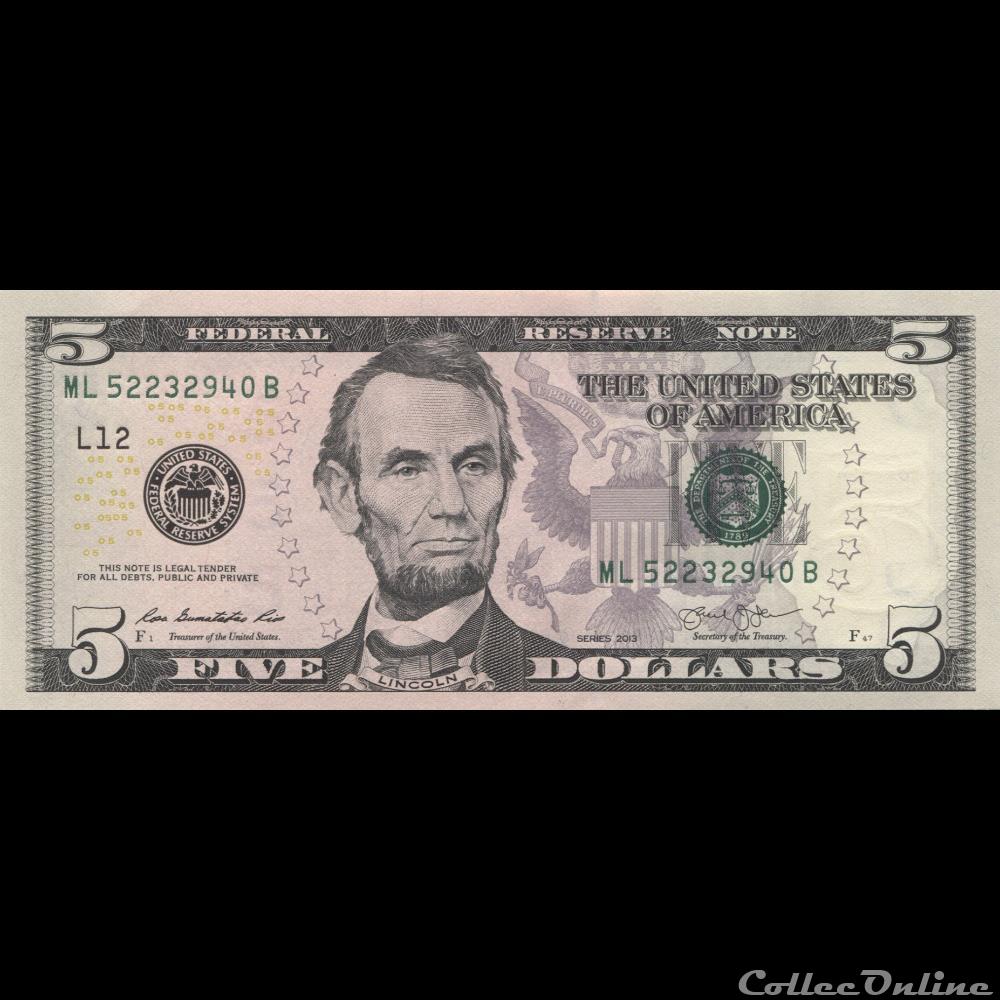 5$ Federal Reserve Notes - Small Size 2013Series billets amerique du nord etats unis 5 federal reserve notes small size 2013series