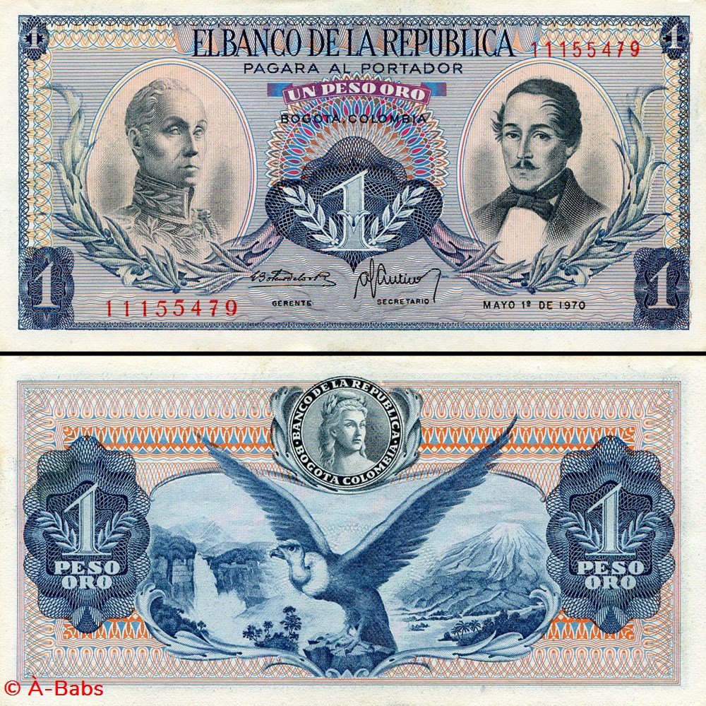 COLOMBIE - PICK 404 e 1 - 1 PESO DE ORO COLOMBIEN - 1970 billets amerique du sud colombie pick 404 e 1 1 peso de oro colombien 1970