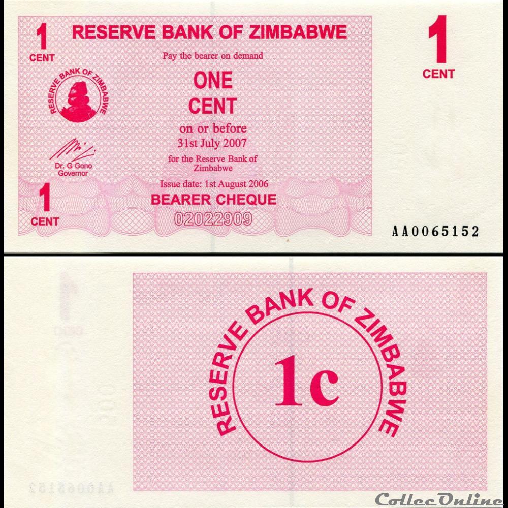 ZIMBABWE - PICK 033a - 1 Cent - 2006 billet afrique zimbabwe pick 033a 1 cent 2006