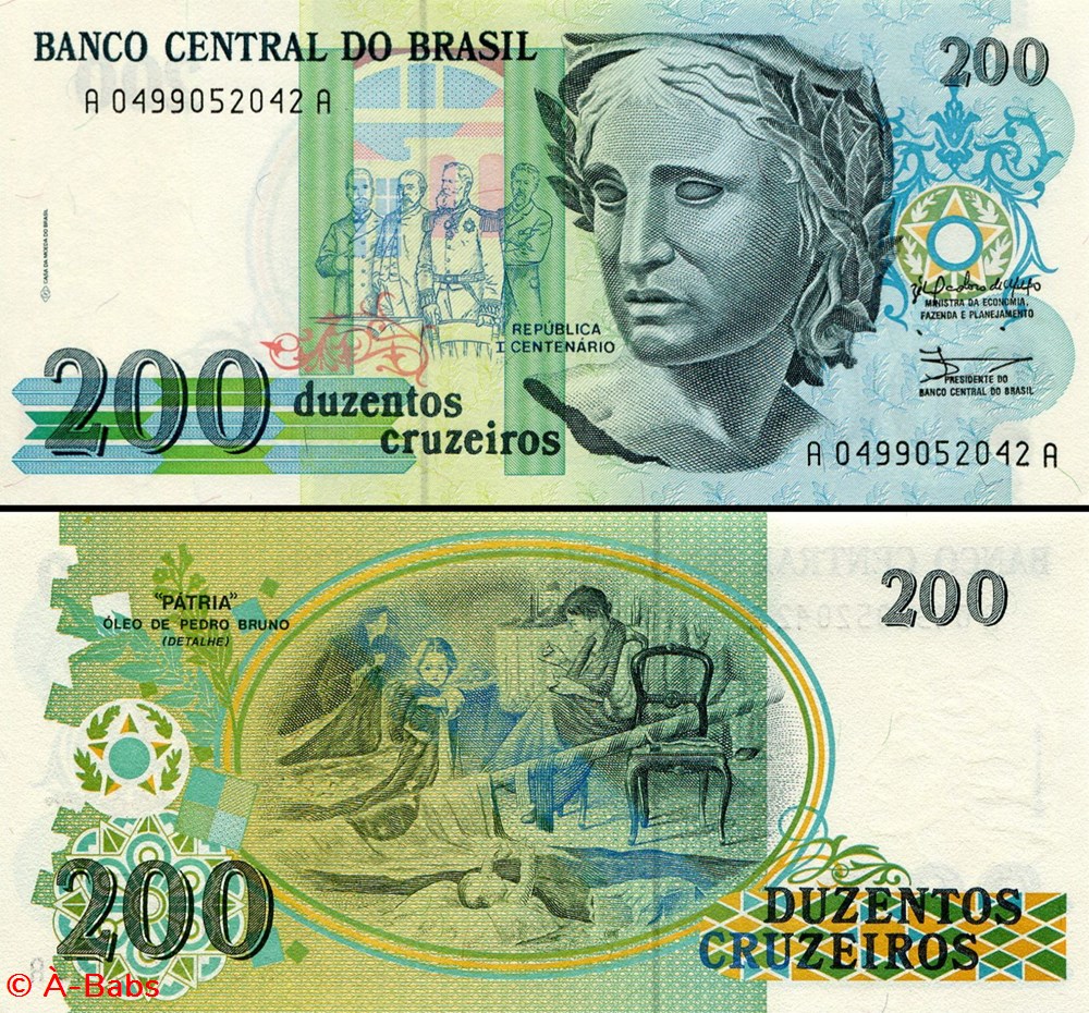 billets amerique du sud bresil pick 229 200 cruzeiros 1990