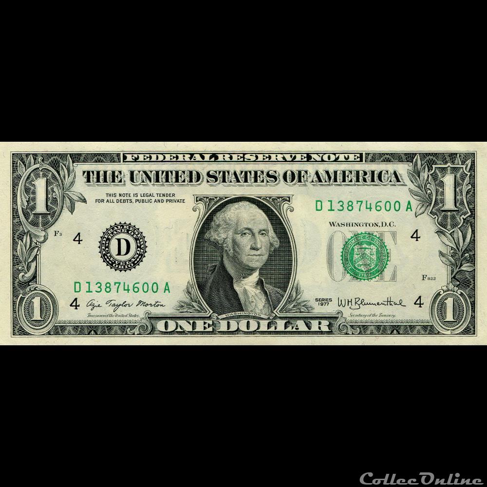 D- 1$ Federal Reserve Notes - Small Size 1977 Series billet amerique du nord etat uni d 1 federal reserve notes small size 1977 series