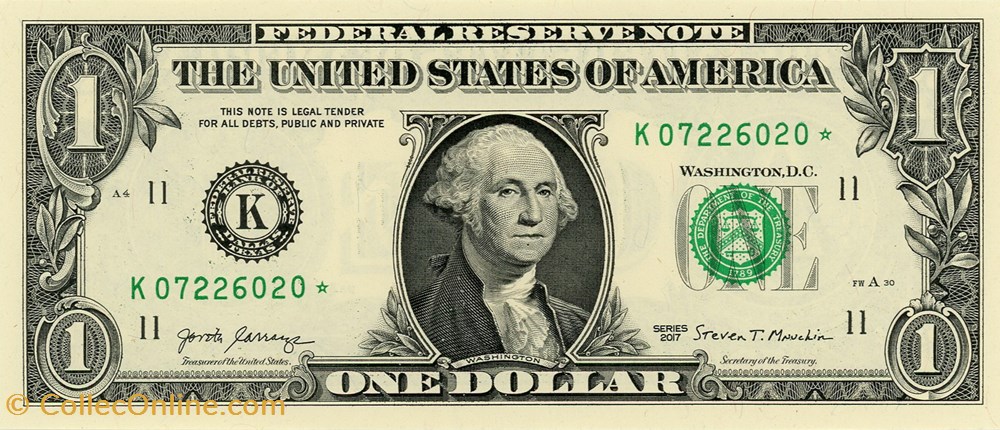 K- 1$ Federal Reserve Notes - Small Size 2017 Series billet amerique du nord etat uni k 1 federal reserve notes small size 2017 series