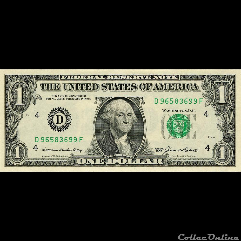D- 1$ Federal Reserve Notes - Small Size 1985 Series billet amerique du nord etat uni d 1 federal reserve notes small size 1985 series