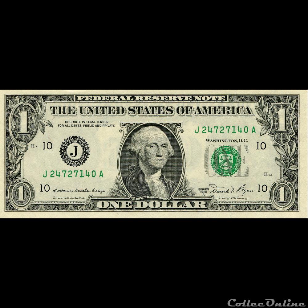 J- 1$ Federal Reserve Notes - Small Size 1981A Series billet amerique du nord etat uni j 1 federal reserve notes small size 1981a series