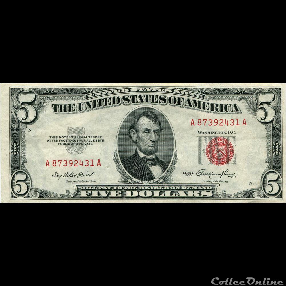 $5 - RED SEAL CERTIFICATE SERIES 1953 billets amerique du nord etats unis 5 red seal certificate series 1953