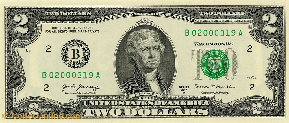 B- New-York District - 2$ Federal Reserve Notes - Small Size 2017A Series billet amerique du nord etat uni b new york district 2 federal reserve notes small size 2017a series