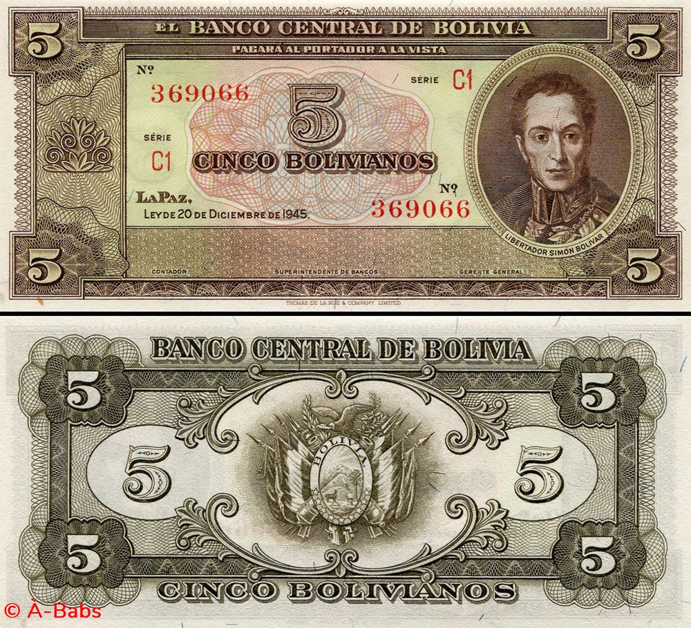 billets amerique du sud bolivie pick 138 r 5 bolivianos 1945