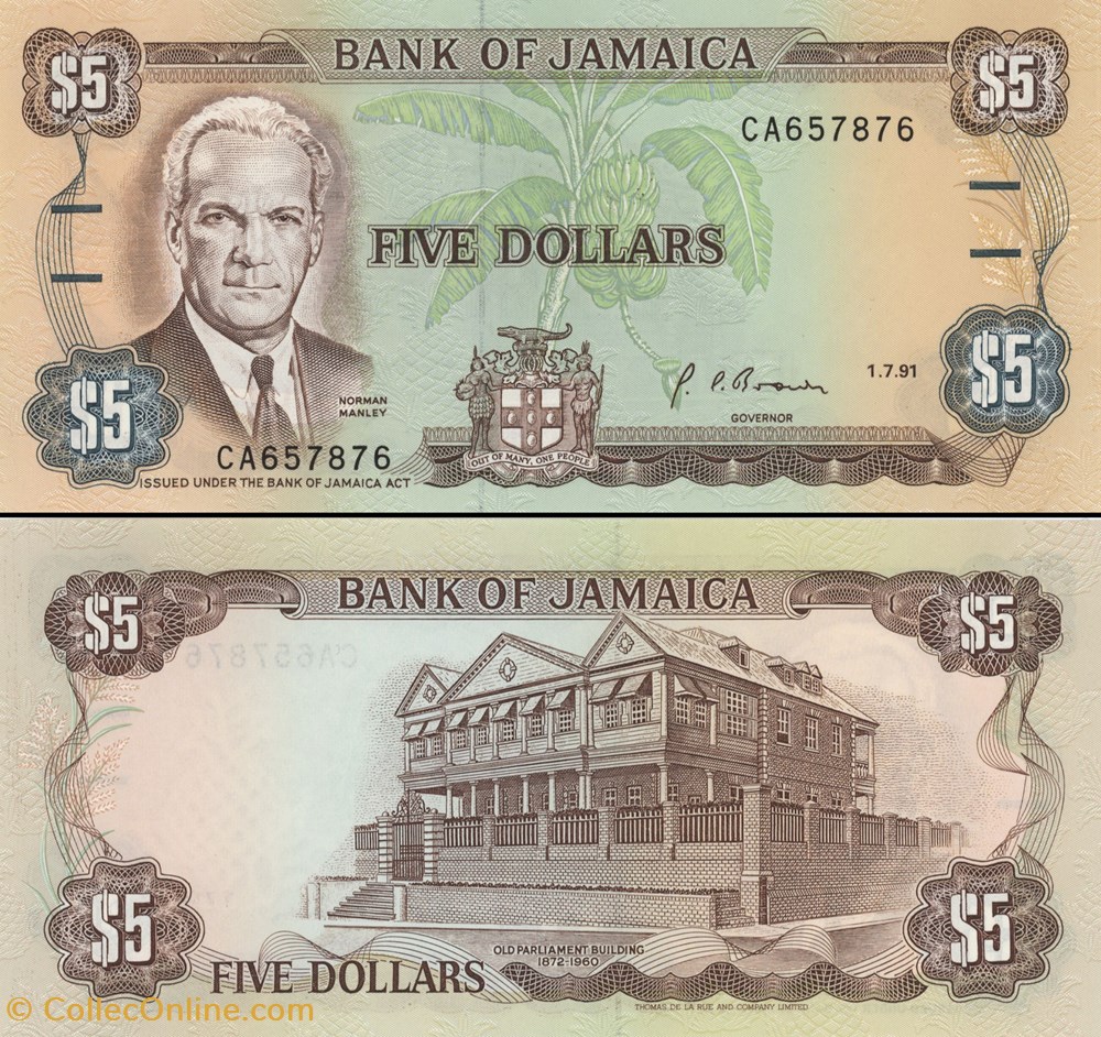 JAMAÏQUE - PICK 70 d1 - 5 DOLLARS - 1991 billet amerique du nord jamaique pick 70 d1 5 dollars 1991