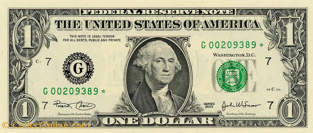 G- 1$ Federal Reserve Notes - Small Size 2003 Series billets amerique du nord etats unis g 1 federal reserve notes small size 2003 series