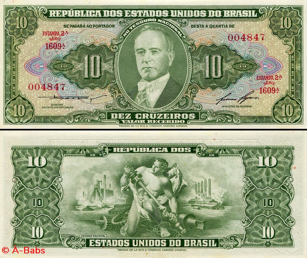 BRÉSIL - PICK 159d - 10 CRUZEIROS - 1953 billets amerique du sud bresil pick 159d 10 cruzeiros 1953