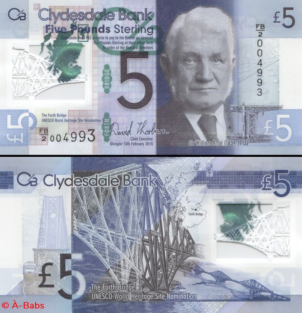 ÉCOSSE - PICK 229N - 5 POUND - CLYDESDALE BANK - 2015 billets europe ecosse pick 229n 5 pound clydesdale bank 2015