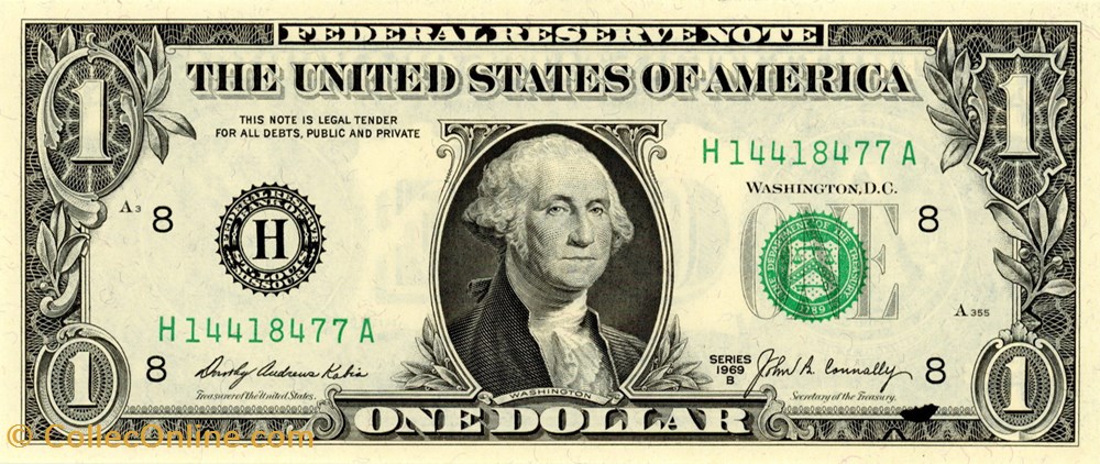 H- 1$ Federal Reserve Notes - Small Size 1969B Series billets amerique du nord etats unis h 1 federal reserve notes small size 1969b series