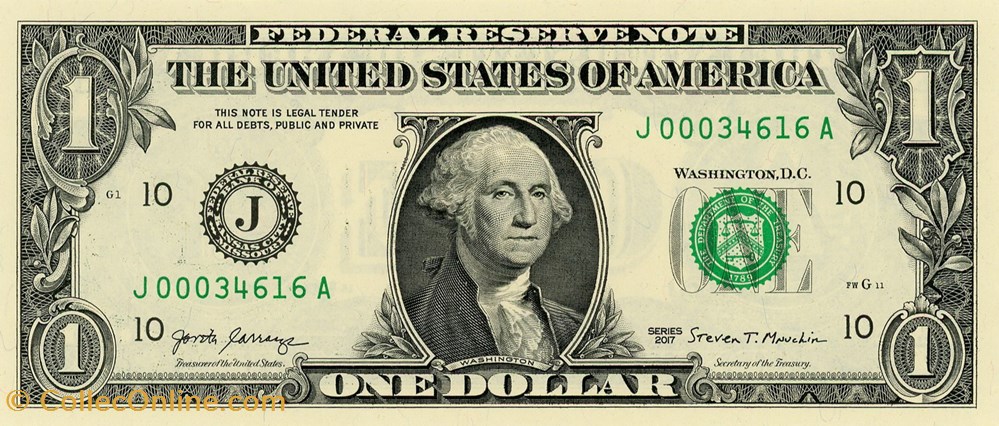 J- 1$ Federal Reserve Notes - Small Size 2017 Series 2 billets amerique du nord etats unis j 1 federal reserve notes small size 2017 series