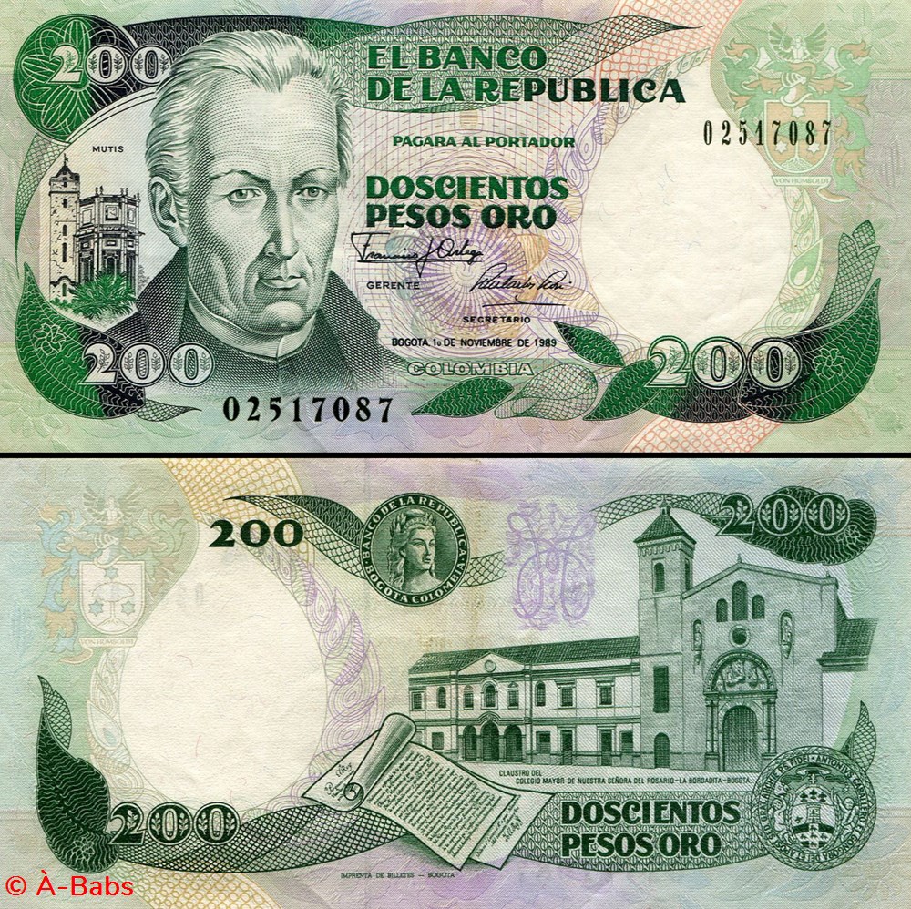 COLOMBIE - PICK 429 d 5 - 200 PESOS DE ORO COLOMBIEN - 1989 billets amerique du sud colombie pick 429 d 5 200 pesos de oro colombien 1989