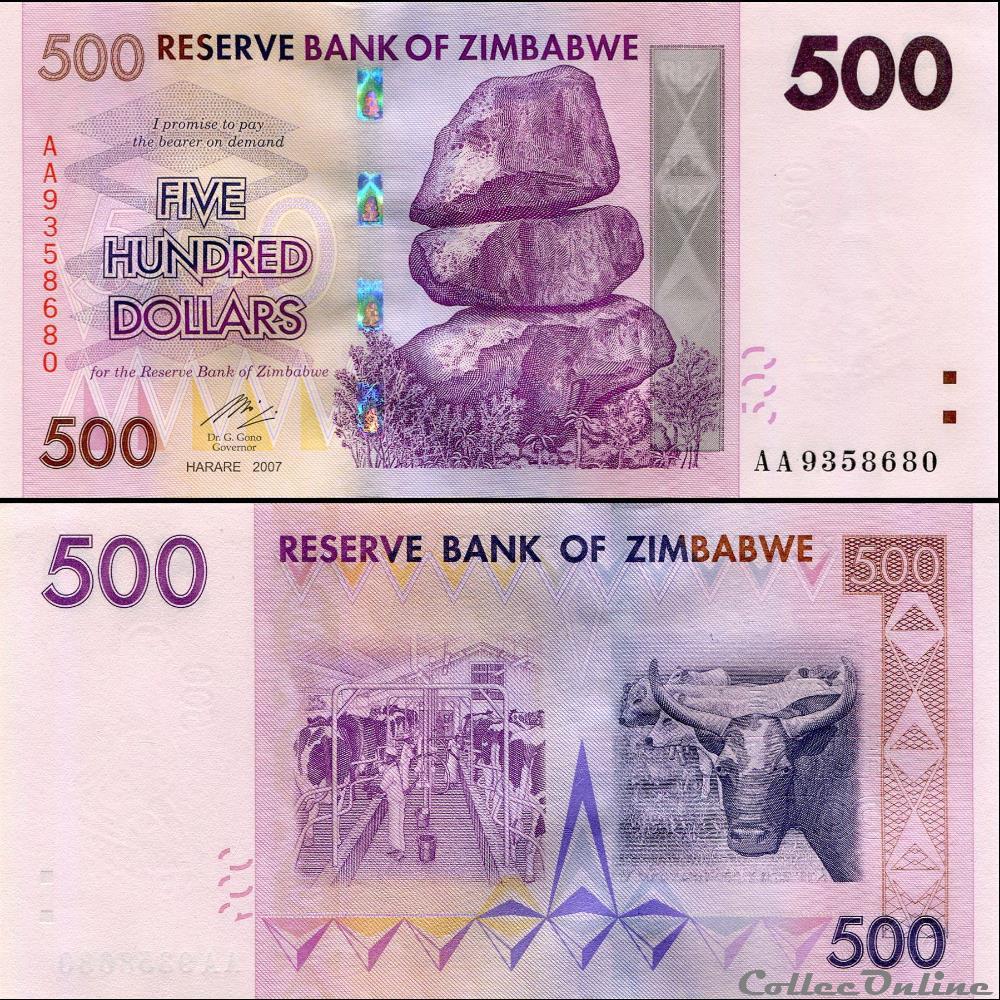 ZIMBABWE - PICK 070a - 500 Dollars - 2007 billet afrique zimbabwe pick 070a 500 dollars 2007