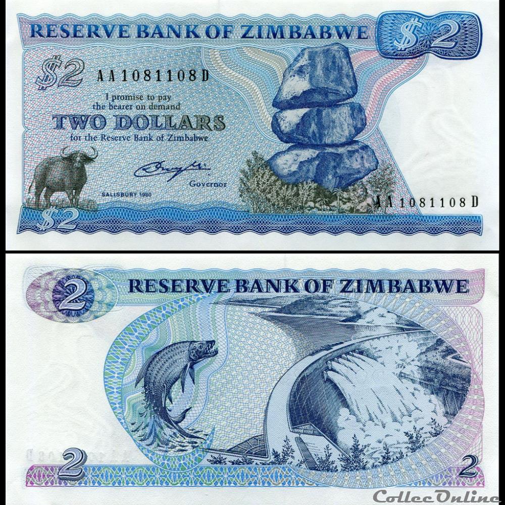 ZIMBABWE - PICK 001a - 2 Dollars - 1980 billet afrique zimbabwe pick 001a 2 dollars 1980