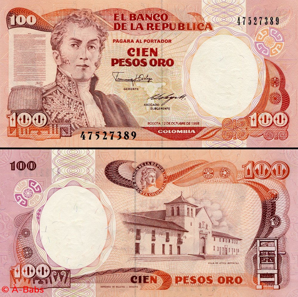 COLOMBIE - PICK 426 c4 - 100 PESOS DE ORO COLOMBIEN - 1988 billets amerique du sud colombie pick 426 c4 100 pesos de oro colombien 1988