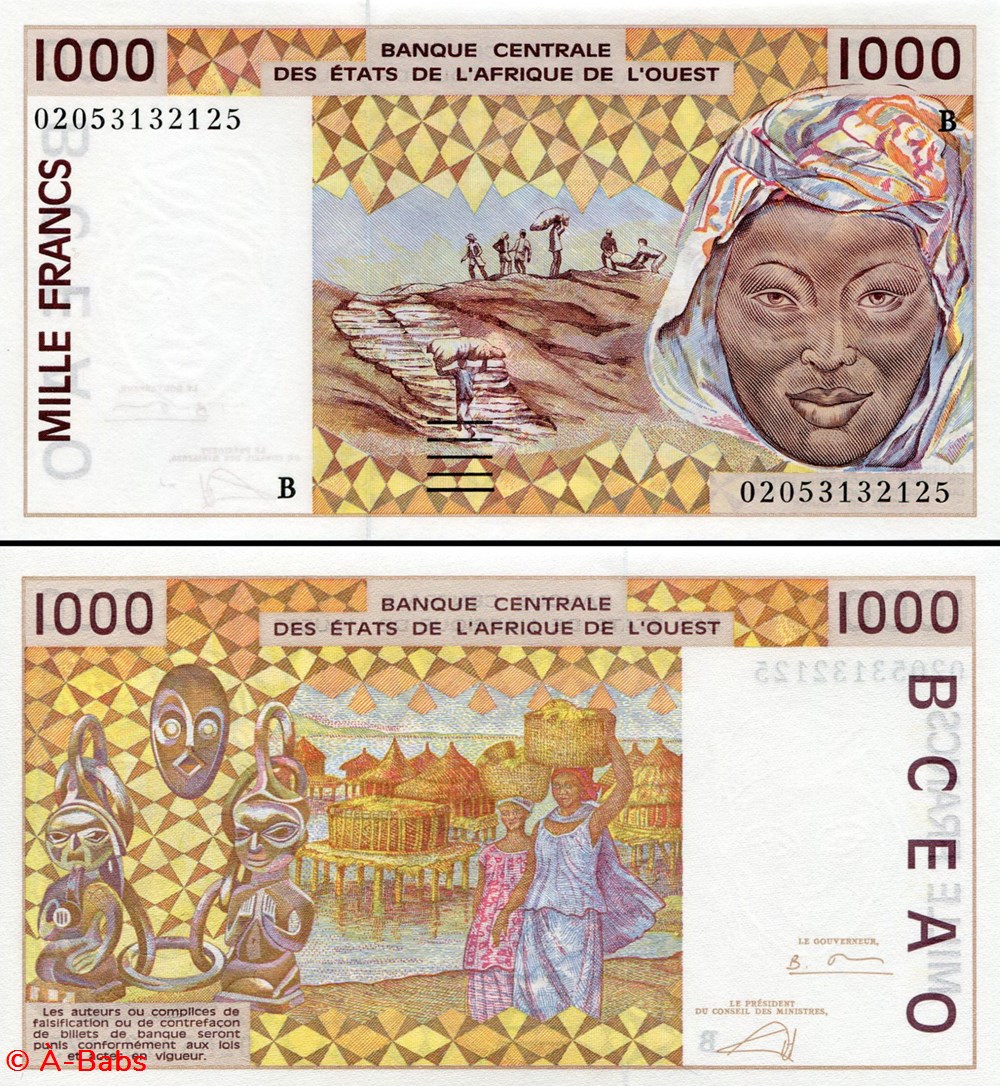 billets afrique b c e a o francs cfa benin lettre b 1000 francs pick 211 b m