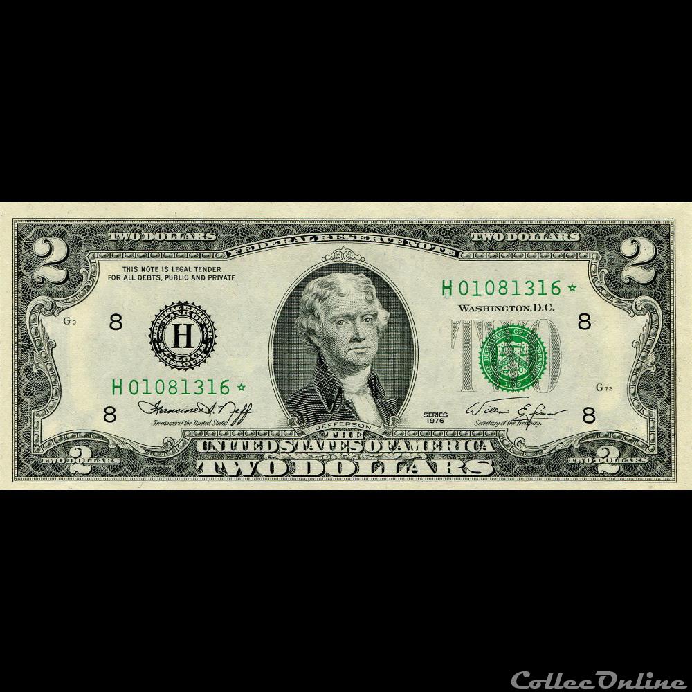 H- Saint-Louis District - 2$ Federal Reserve Notes - Small Size 1976 Series billet amerique du nord etat uni h saint louis district 2 federal reserve notes small size 1976 series
