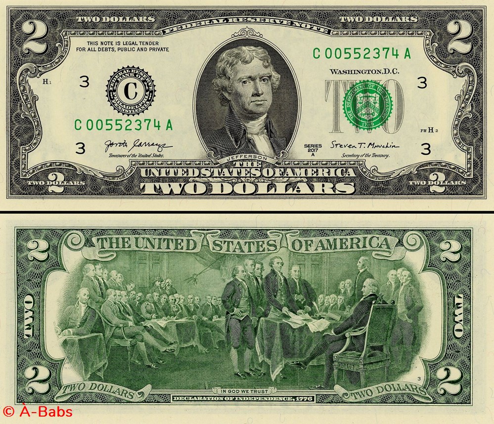 C- Philadelphie District - 2$ Federal Reserve Notes - Small Size 2017 Series billets amerique du nord etats unis c philadelphie district 2 federal reserve notes small size 2017 series