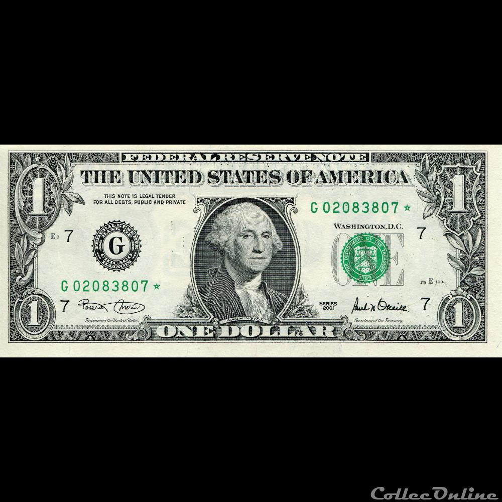 G- 1$ Federal Reserve Notes - Small Size 2001 Series billet amerique du nord etat uni g 1 federal reserve notes small size 2001 series