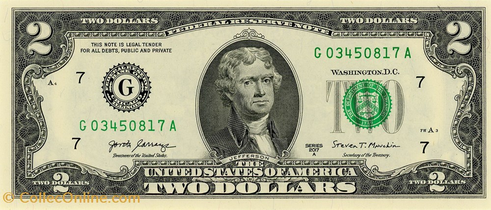 G- Chicago District - 2$ Federal Reserve Notes - Small Size 2017A Series billet amerique du nord etat uni g chicago district 2 federal reserve notes small size 2017a series