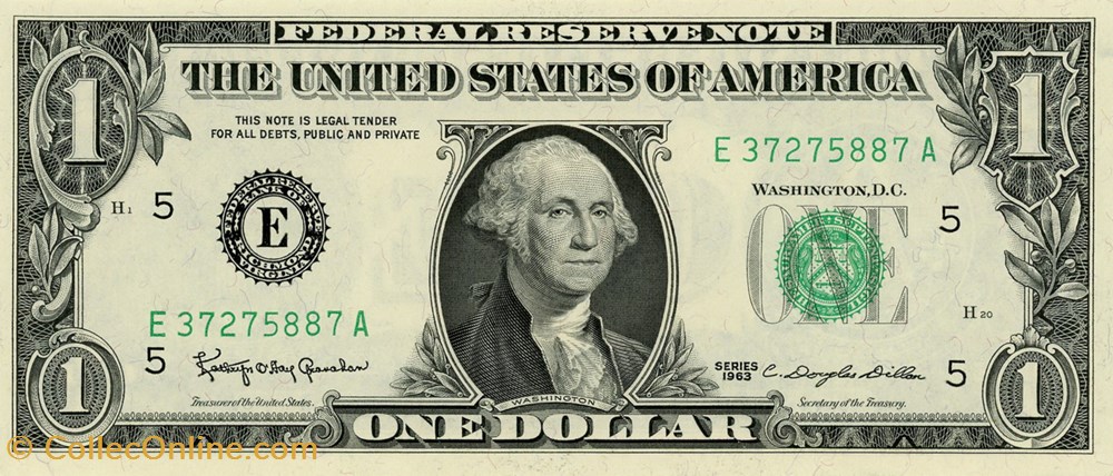 E- 1$ Federal Reserve Notes - Small Size 1963 Series billets amerique du nord etats unis e 1 federal reserve notes small size 1963 series