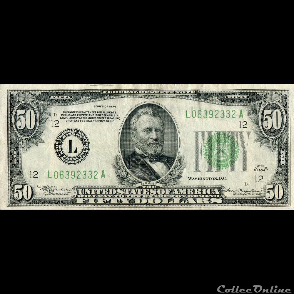 50$ Federal Reserve Notes - Small Size 1934 Series billets amerique du nord etats unis 50 federal reserve notes small size 1934 series