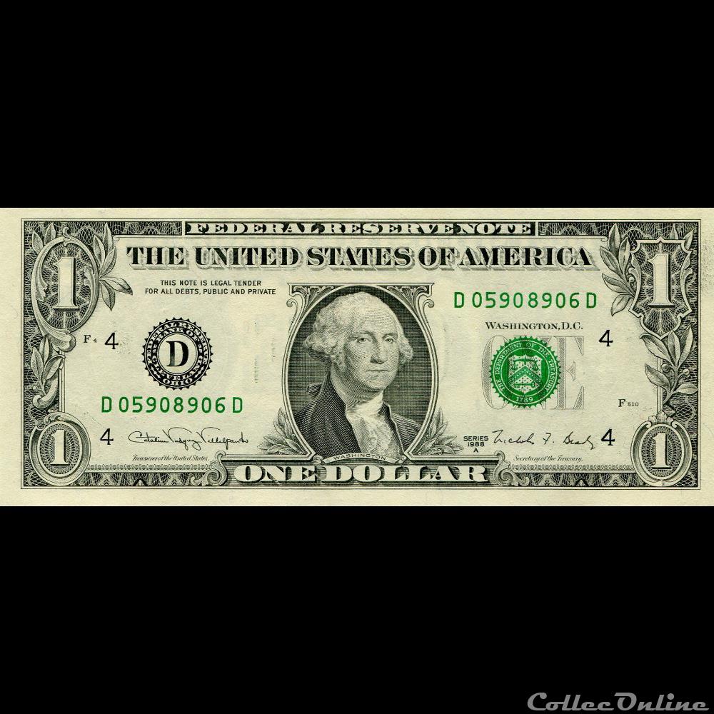 D- 1$ Federal Reserve Notes - Small Size 1988A Series billet amerique du nord etat uni d 1 federal reserve notes small size 1988a series
