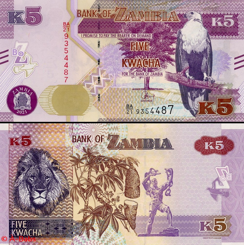 ZAMBIE - PICK 57 d - 5 KWACHA - 2021 billets afrique zambie pick 57 d 5 kwacha 2021