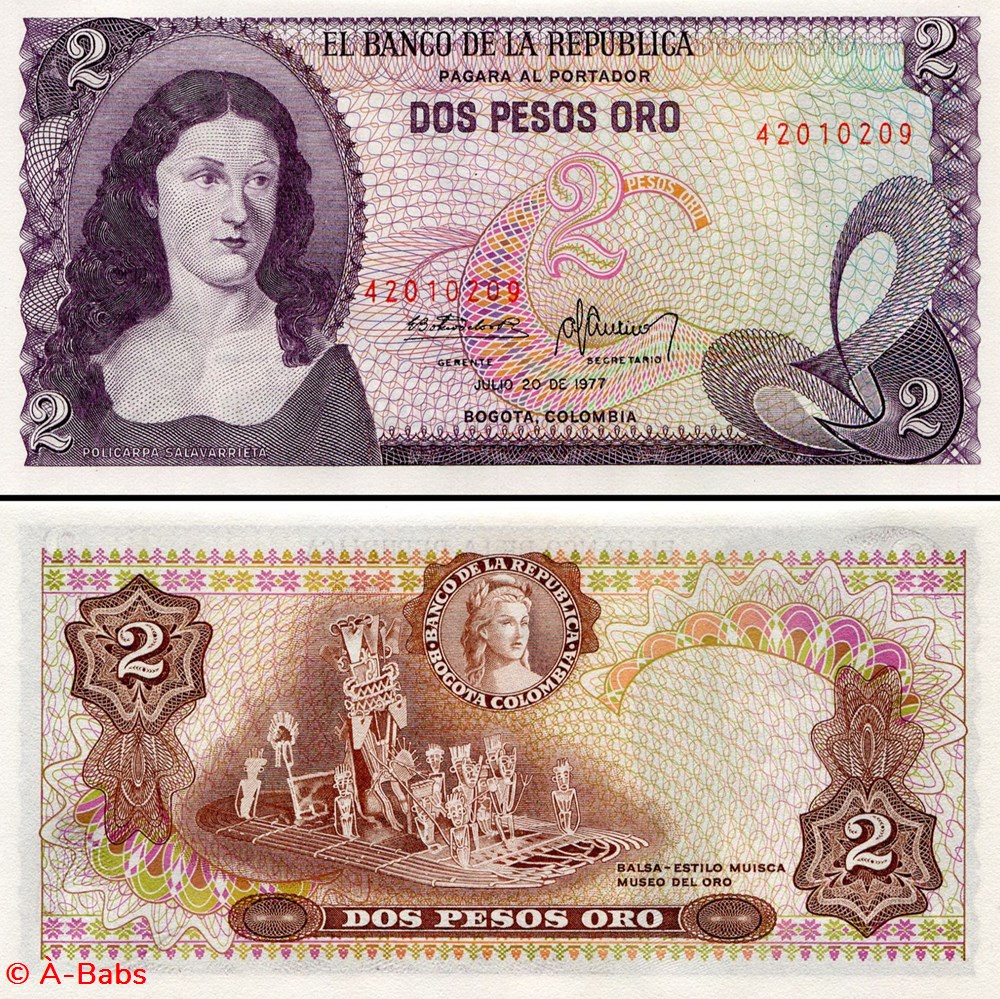COLOMBIE - PICK 413 b 3 - 2 PESOS DE ORO COLOMBIEN - 1977 billets amerique du sud colombie pick 413 b 3 2 pesos de oro colombien 1977
