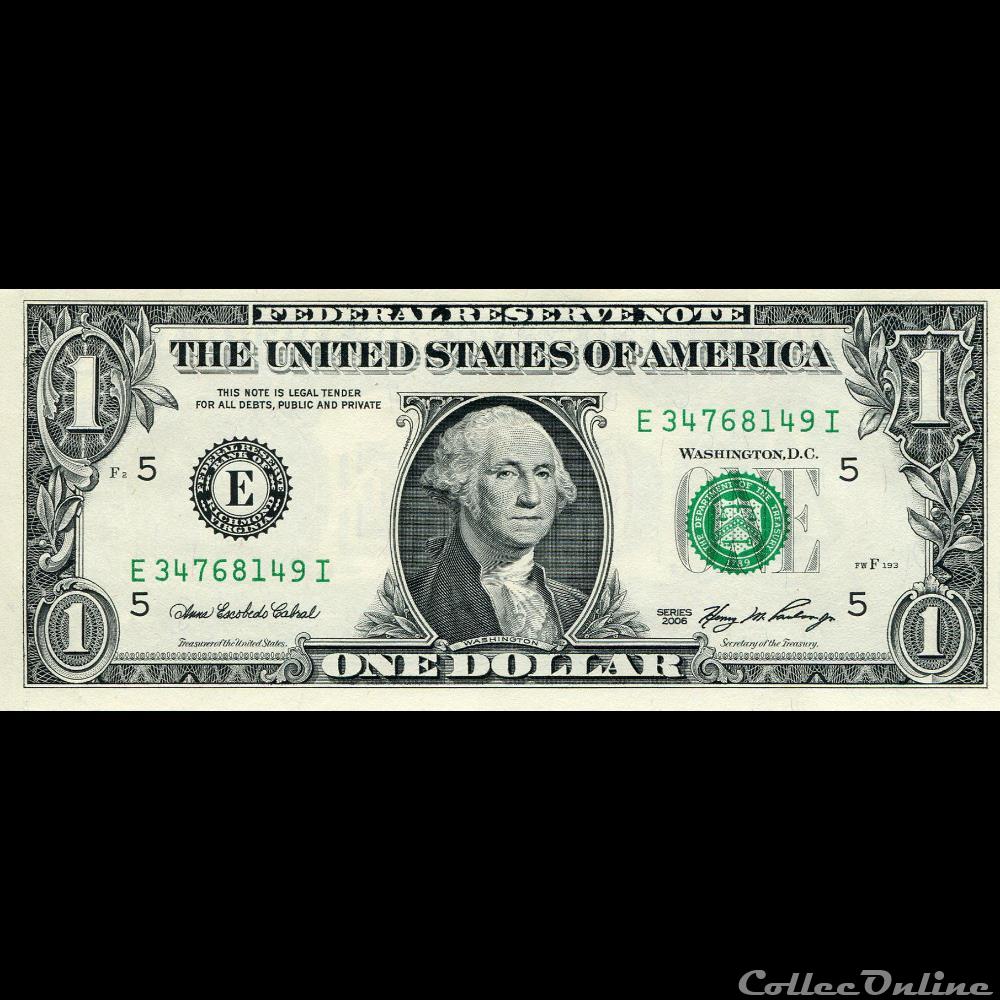 E- 1$ Federal Reserve Notes - Small Size 2006 Series billet amerique du nord etat uni e 1 federal reserve notes small size 2006 series