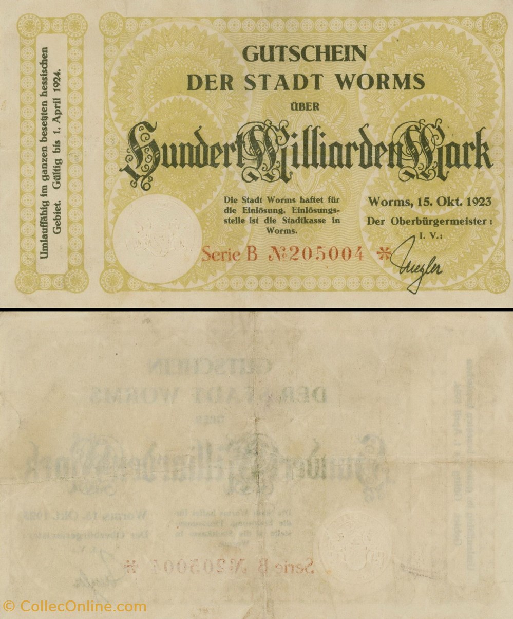Worms 100 000 000 000 Mark billets europe allemagne worms 100 000 000 000 mark