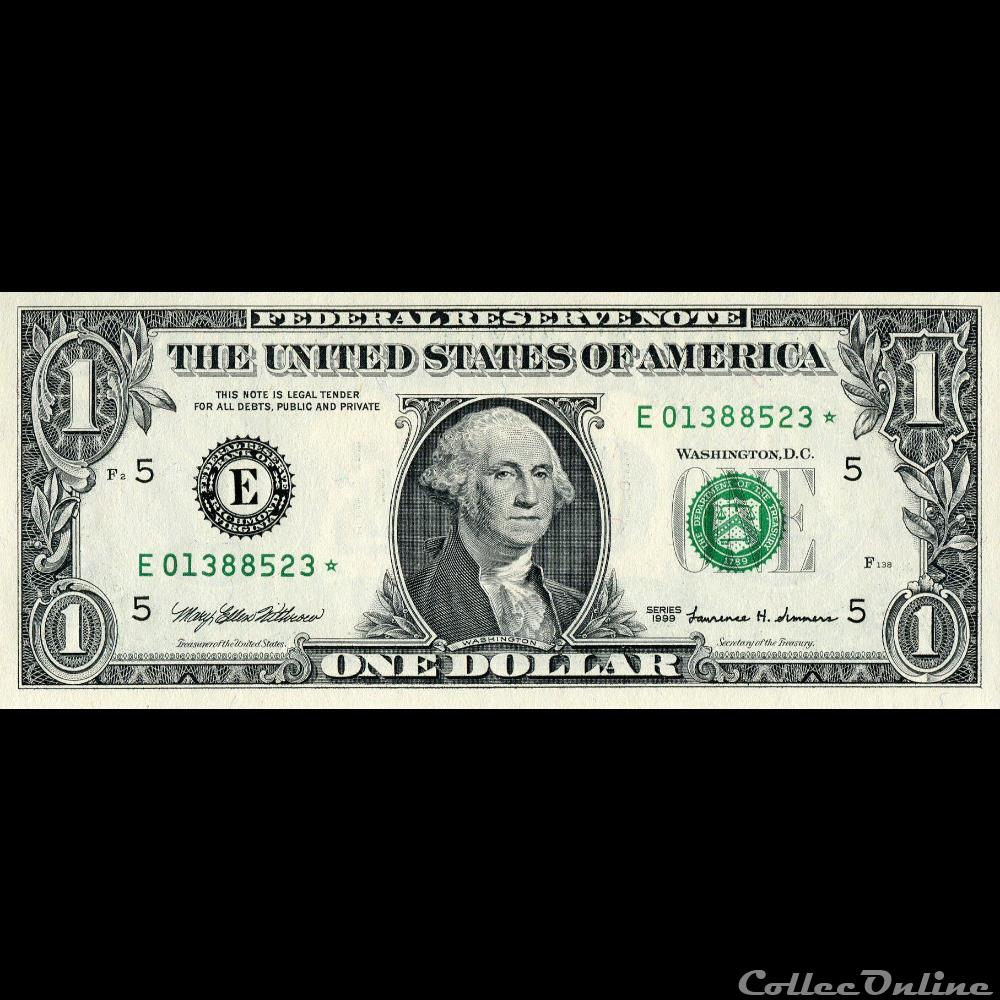 E- 1$ Federal Reserve Notes - Small Size 1999 Series billet amerique du nord etat uni e 1 federal reserve notes small size 1999 series