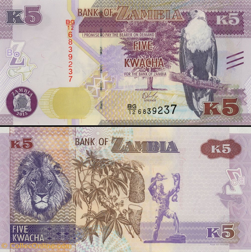 ZAMBIE - PICK 57 a - 5 KWACHA - 2015 billets afrique zambie pick 57 a 5 kwacha 2015