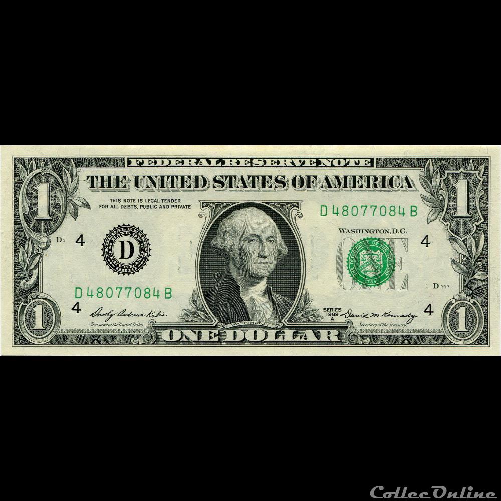 D- 1$ Federal Reserve Notes - Small Size 1969A Series billet amerique du nord etat uni d 1 federal reserve notes small size 1969a series