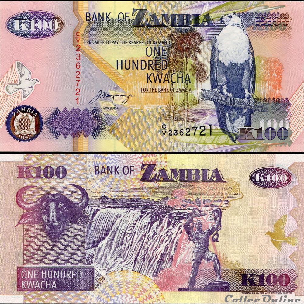 ZAMBIE - PICK 38 b - 100 KWACHA - 1992 billet afrique zambie pick 38 b 100 kwacha 1992
